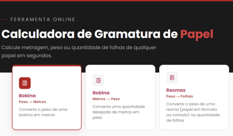 Calculadora de gramatura: ferramenta para auxiliar o usuário a calcular a quantidade de metros em uma bobina de papel, o peso de uma bobina dada uma quantidade de metros, o peso dada uma quantidade de folhas e o cálculo de folhas de uma resma ou lote de papel dado o peso.